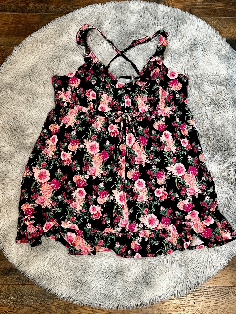 Cacique Black Floral Tie-Front Crisscross Night Dress with Pink Blooms